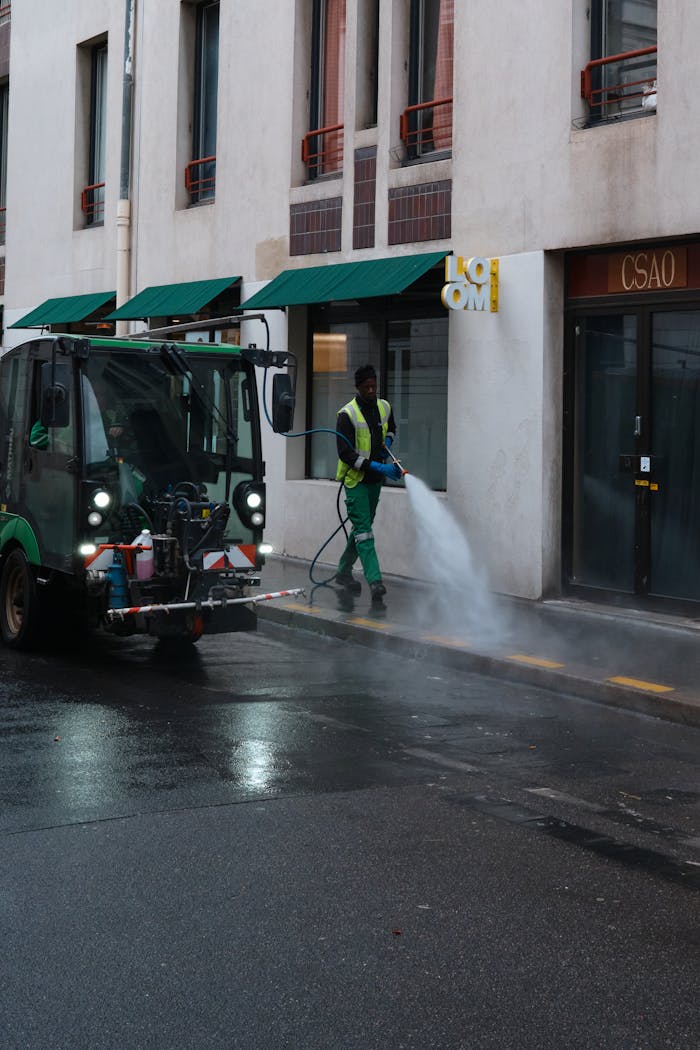 services-01 A street cleaner operates a water spray machine on a city sidewalk, showcasing urban maintenance.